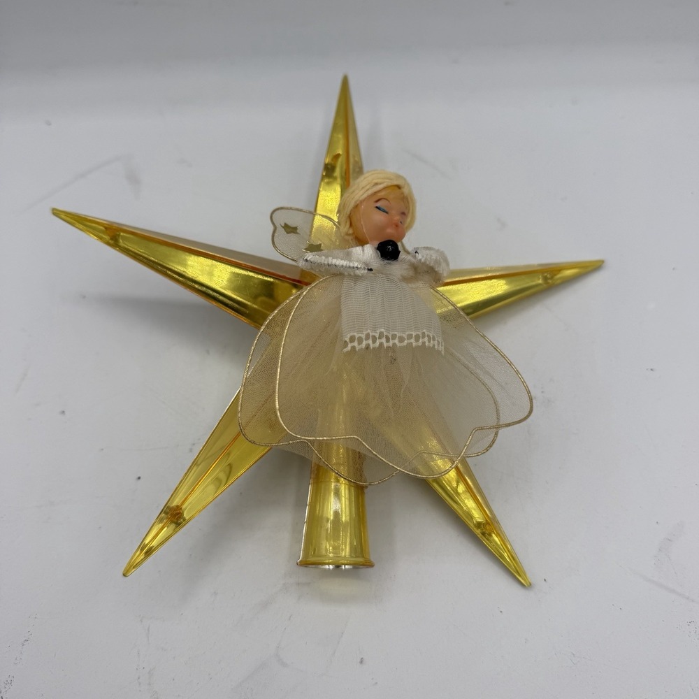 Vintage Jewel Brite Christmas Tree Topper Gold Star w/Blonde Tulle Angel MCM 50s